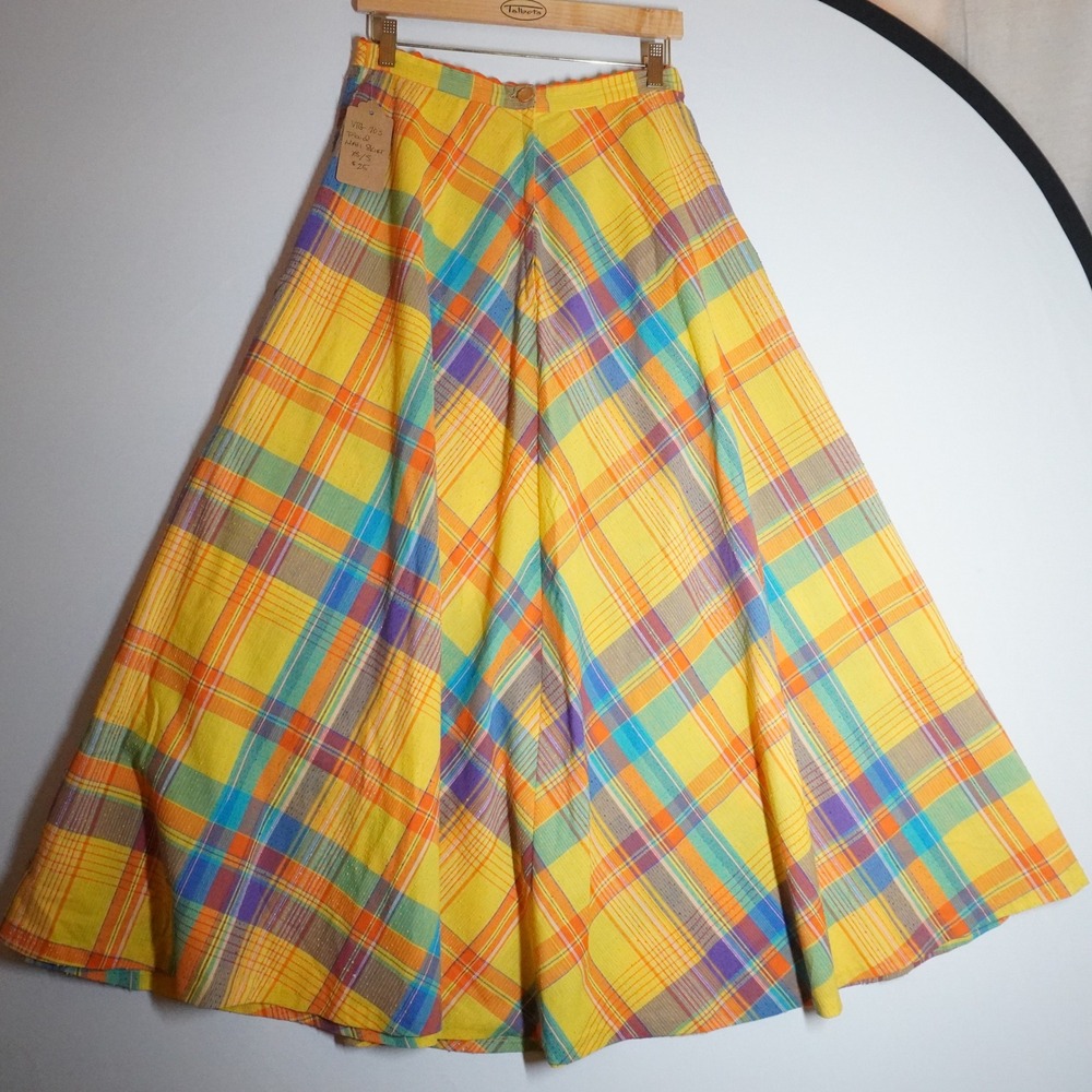 VTG 70s Handmade Plaid Maxi Skirt Yellow Orange Blue Clip Dot Textured Boho XS S - Picture 2 of 8